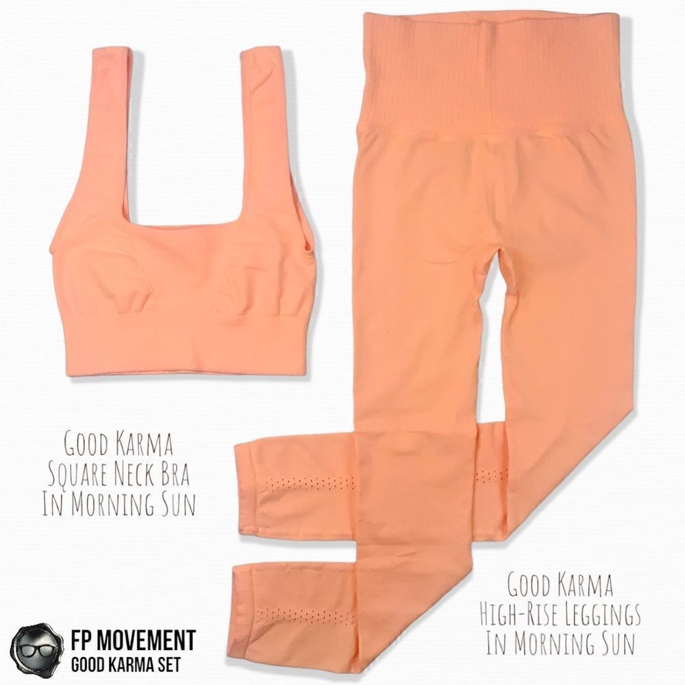 FP MOVEMENT GOOD KARMA: SQUARE NECK BRA + HIGH-RISE LEGGINGS MORNING SUN PEACH